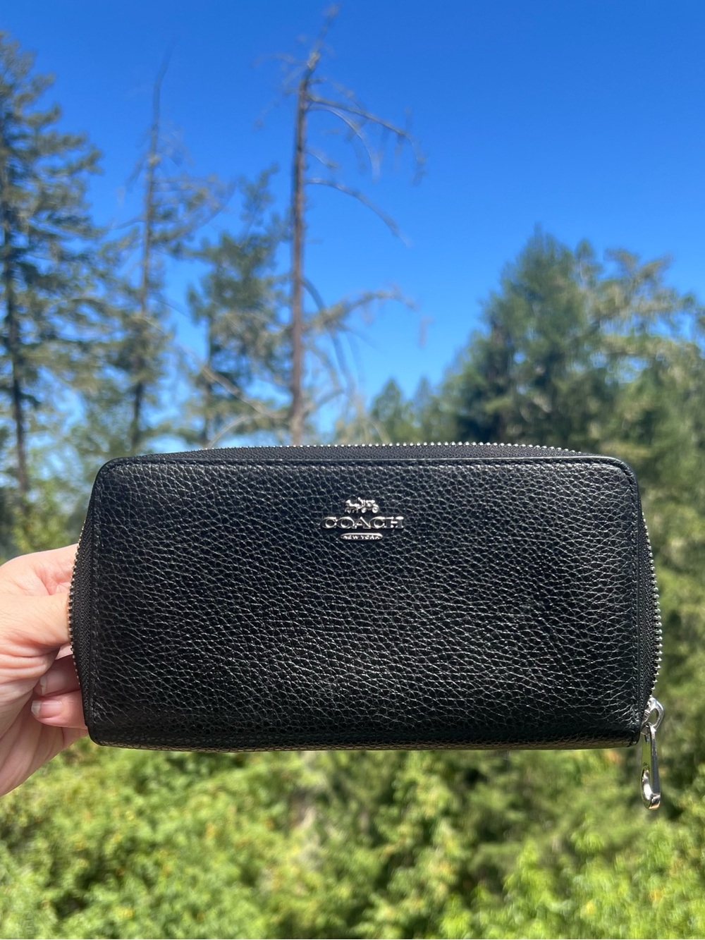 COACH Long Zip-Around Wallet BLACK Pebble Leather with Silver Hardware AUTHENTIC